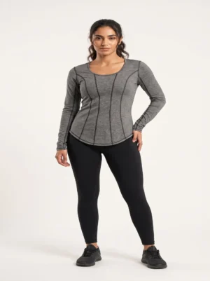 Contoured seam athletic long sleeve top in heather grey, front view