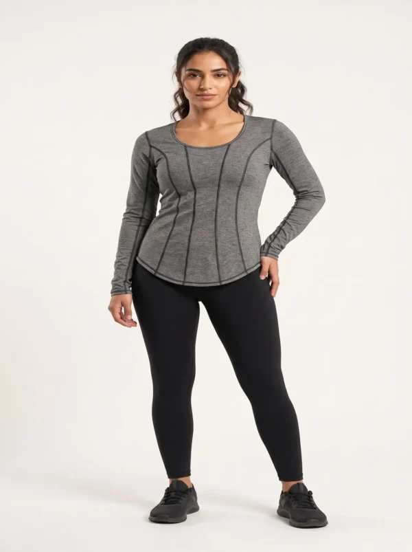 Woman_posing_in_athletic_shirt_2K_20261018181952 Contoured seam athletic long sleeve top in heather grey, front view