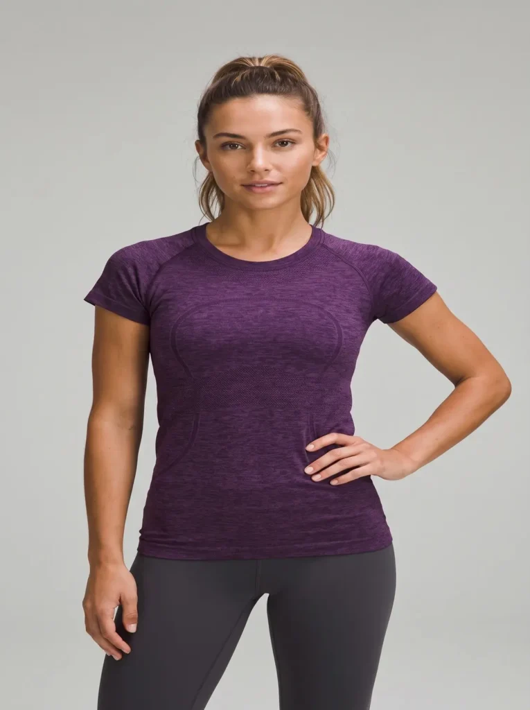 Purple Lululemon Swiftly Tech short-sleeve shirt 2.0 worn by a fitness model