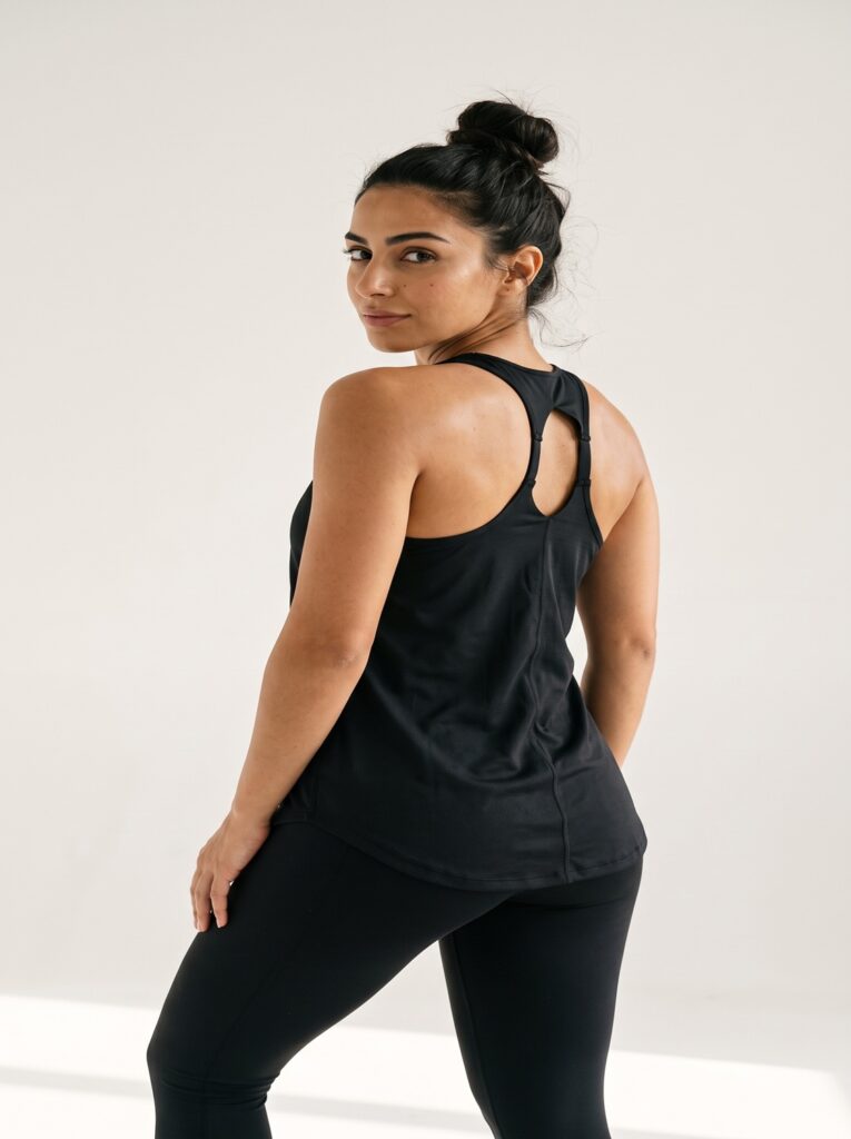 Black racerback athletic tank top worn by a fitness model