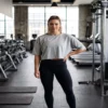 Woman_posing_in_gym_2K_20261018144929 Split-back relaxed fit cropped athletic tee in heather grey, front view