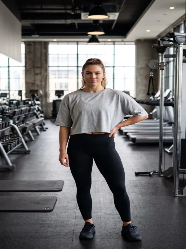 Woman_posing_in_gym_2K_20261018144929 Split-back relaxed fit cropped athletic tee in heather grey, front view