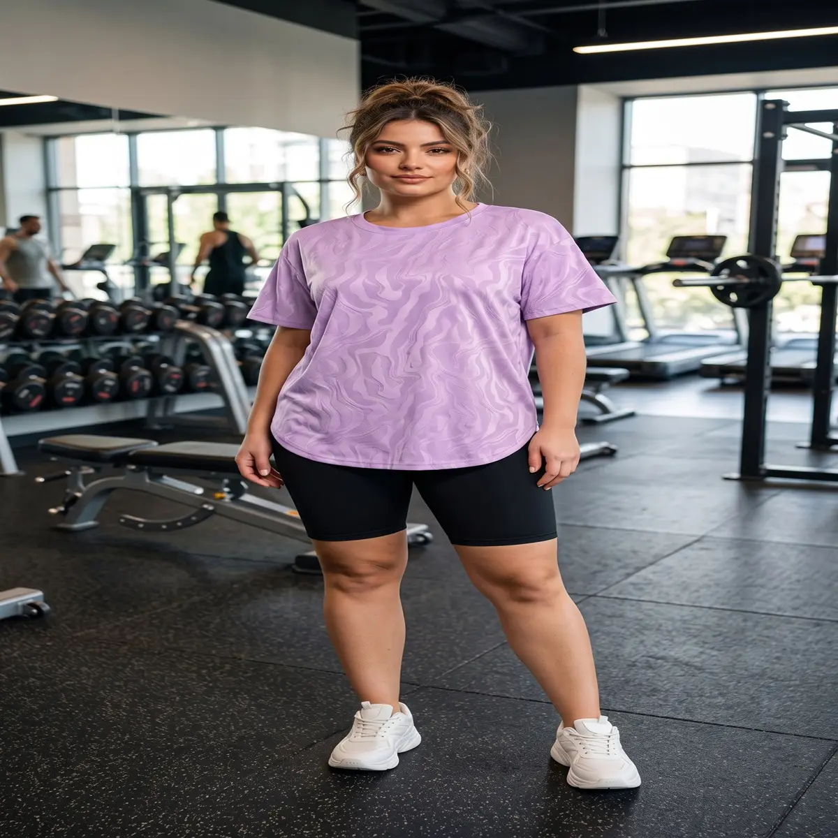 Lavender Glow Textured Active Tee worn by woman in gym